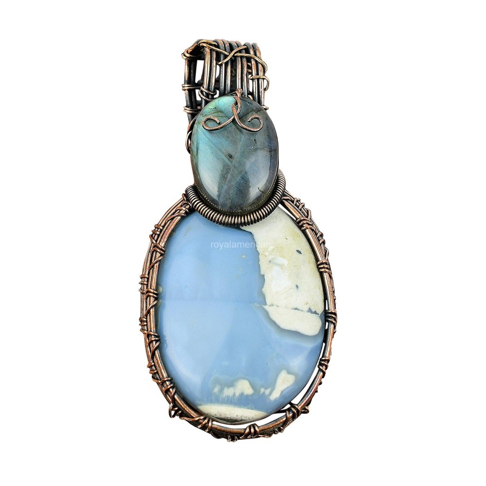 Mothers Day Sale Copper Oval Owyhee Blue Opal Labradorite Pendant for Wife  -image