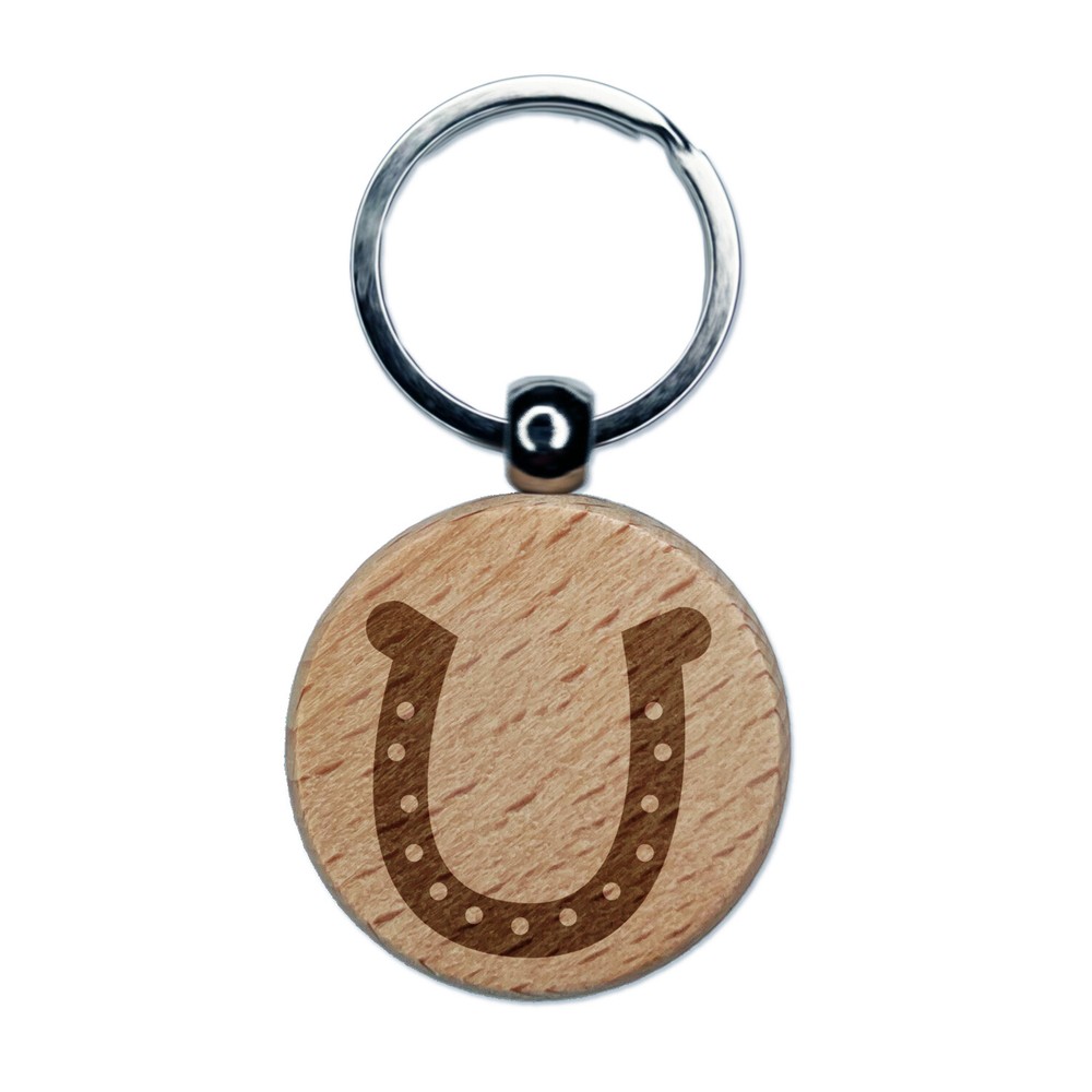Lucky Horseshoe Engraved Wooden Keychain Charm with Round Tag  