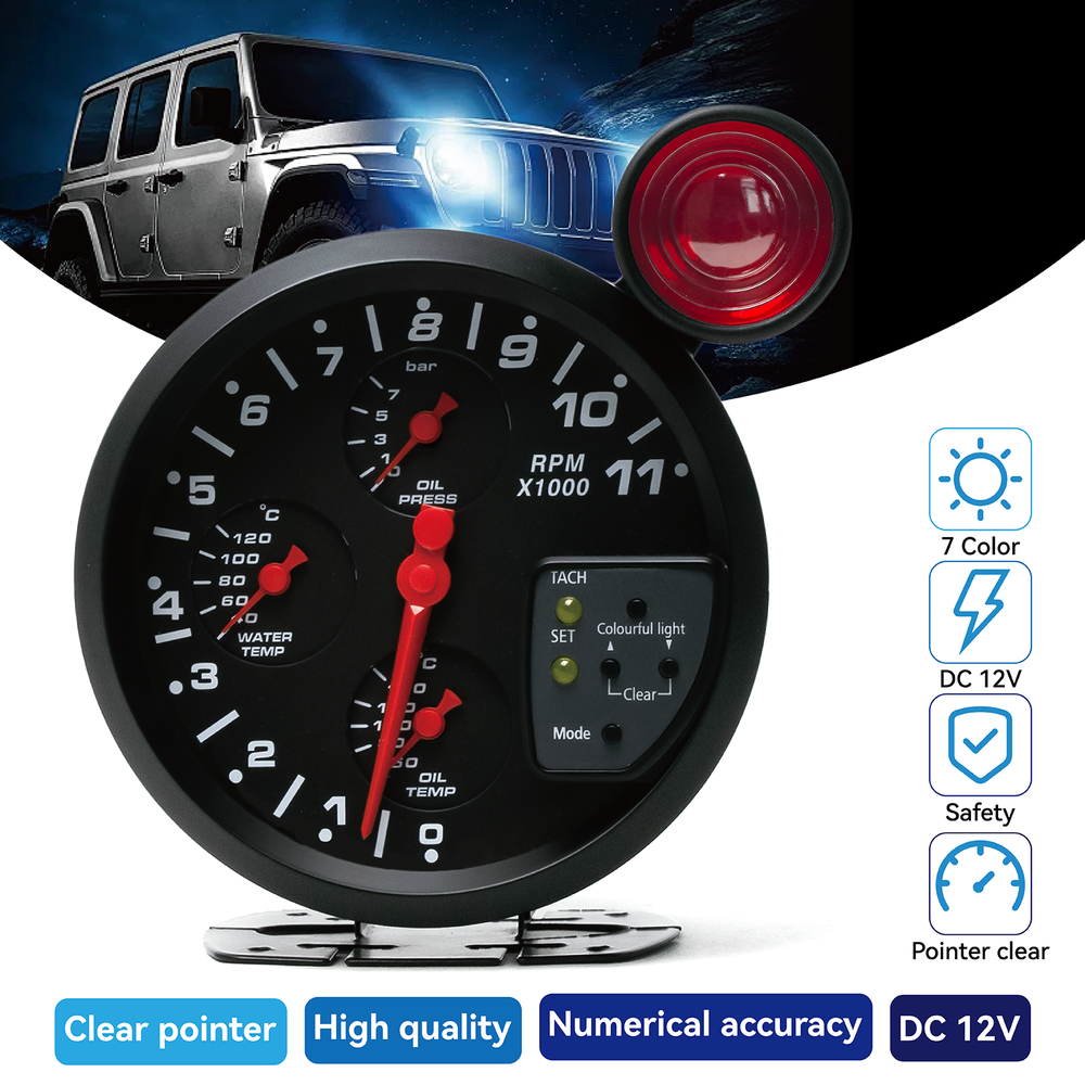 5'' 4In1 7Color Tachometer Meter With Shift Light Water Oil Temp Oil Press Gauge