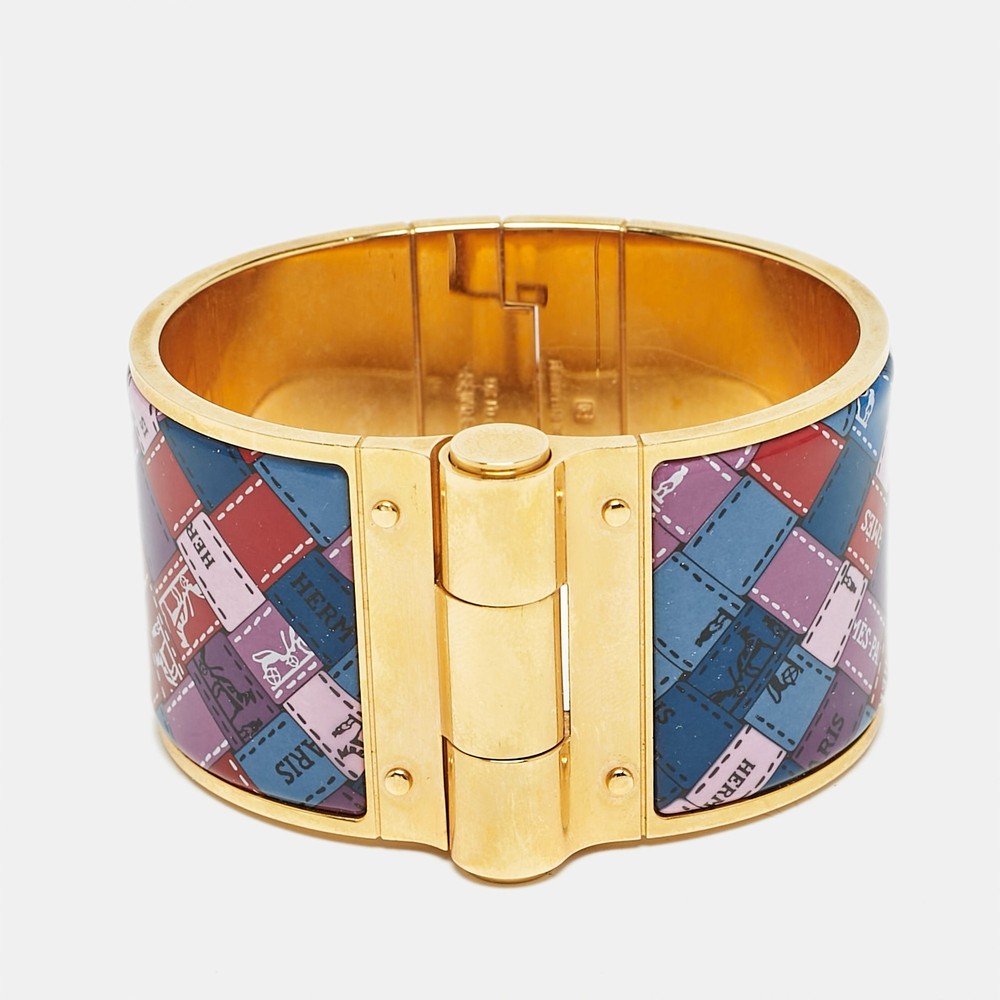 Hermes Bolduc Au Carre Enamel Gold Plated Bangle Bracelet