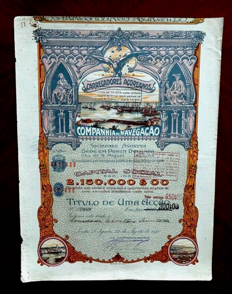 Carregadores Acoreanos, Shipping Company  1 Share certificate 1920, G+