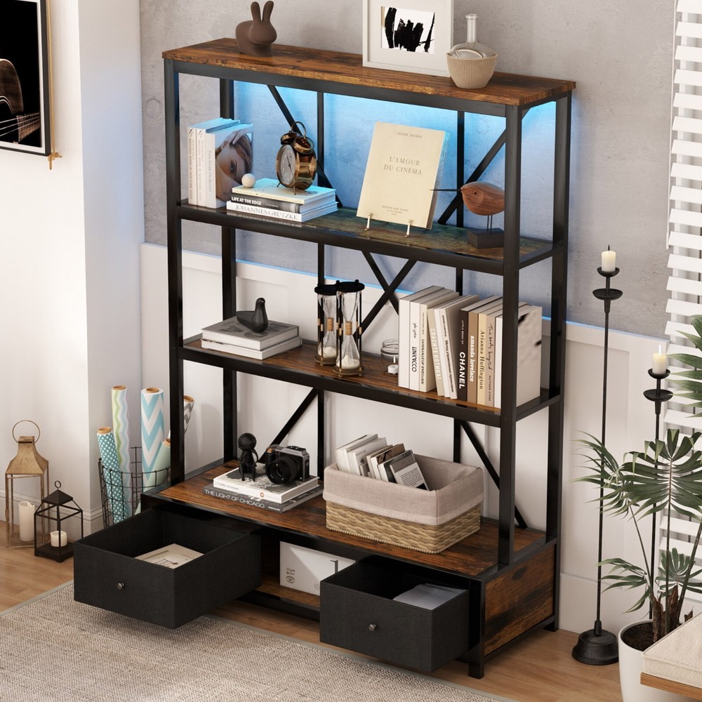 3-Shelf Metal Bookcase with Drawers for Home Office Storage Display