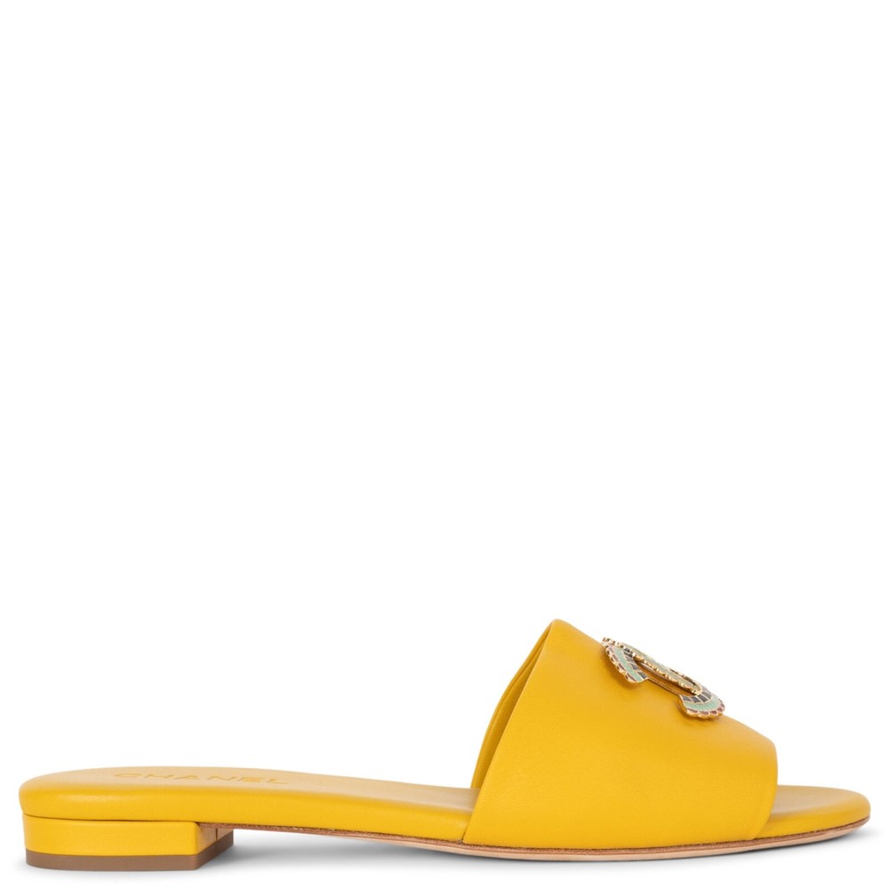 CHANEL 19A New York Yellow Leather CC Slide Sandals Size 41 Fits 40