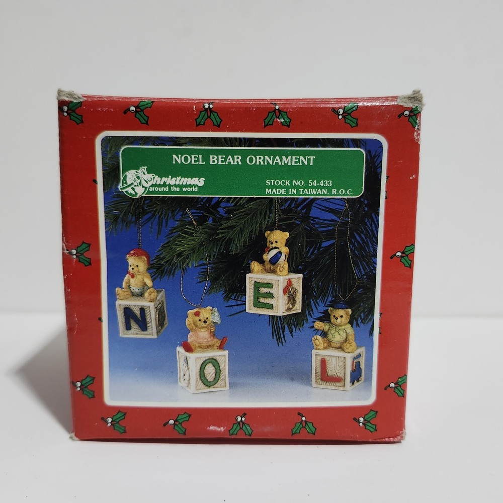 Vintage Noel Teddy Bear Christmas Ornaments Ceramic Sitting On Alphabet Blocks