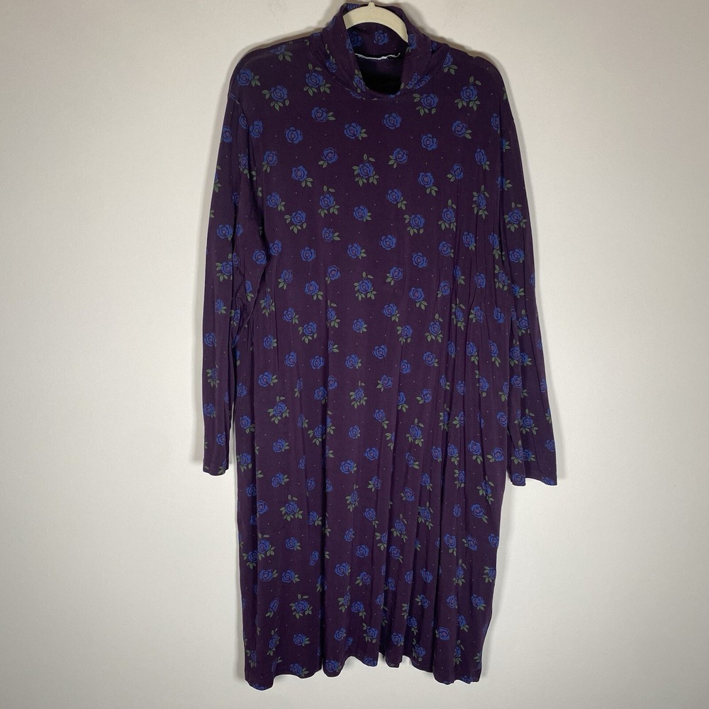 Gudrun Sjoden Dress Floral Purple Stretch Knit L/S Turtleneck Pockets 2X XXL