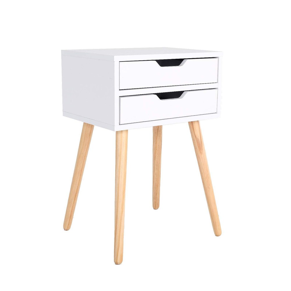 NNEDSZ 2-Drawer Wood Leg Nightstand in Suzy White - Compact Bedside Storage Cabinet