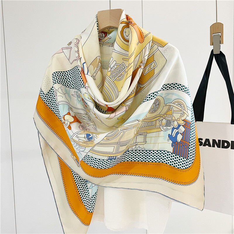 New Spring 2025 Boutique Twill Silk Shawl Scarf with Hand-Rolled Edge Printing 53