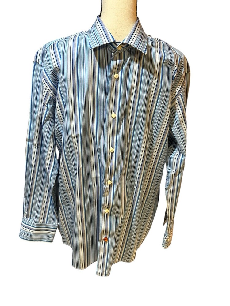 Tallia Dress Shirt Men Sz L Long Sleeve Blue Striped Cotton