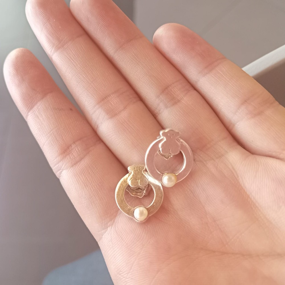 Tous Silver Bear Motif Pearl Stud Earrings for Women Elegant Gift