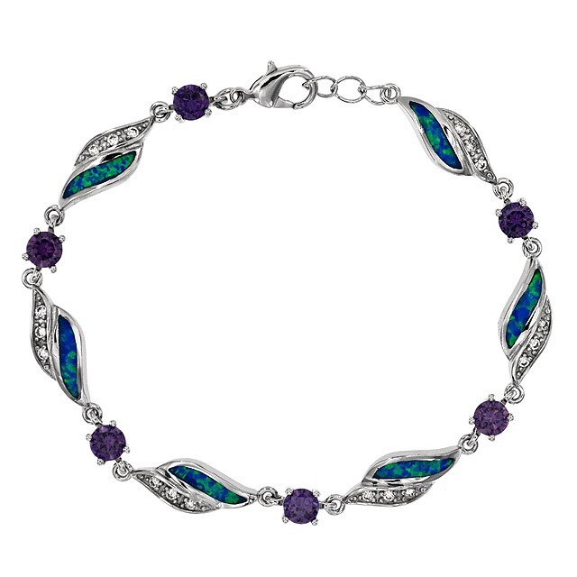 3CT Amethyst & Australian Opal Inlay 925 Sterling Silver Tennis Bracelet OB5