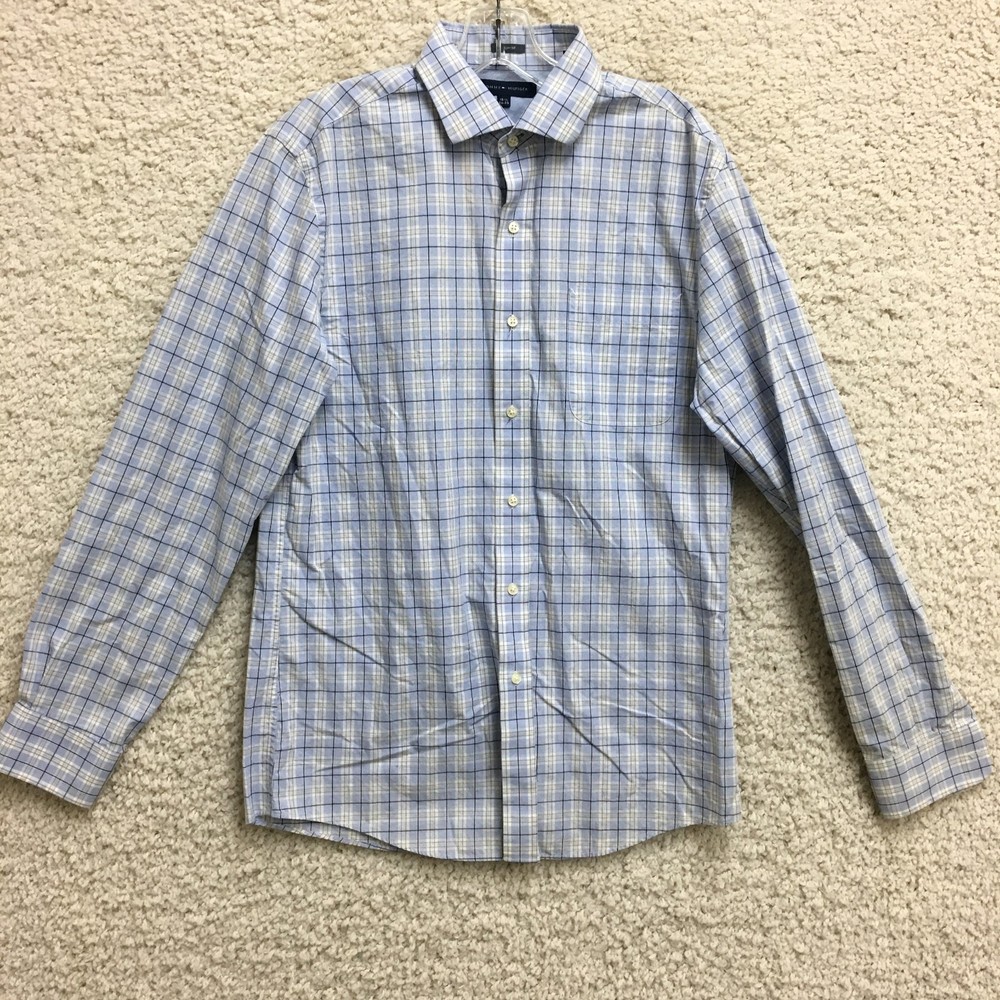 Tommy Hilfiger Button Up Shirt 15.5 Adult Blue Slim Fit Plaid Long Sleeve Mens