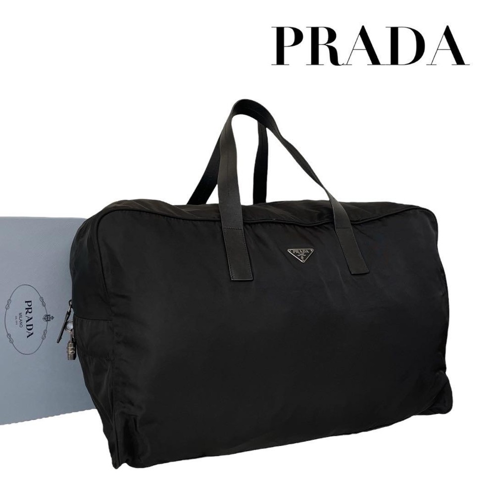 Prada Triangle Logo Nylon Leather Boston Bag Black Authentic Excellent Conditio