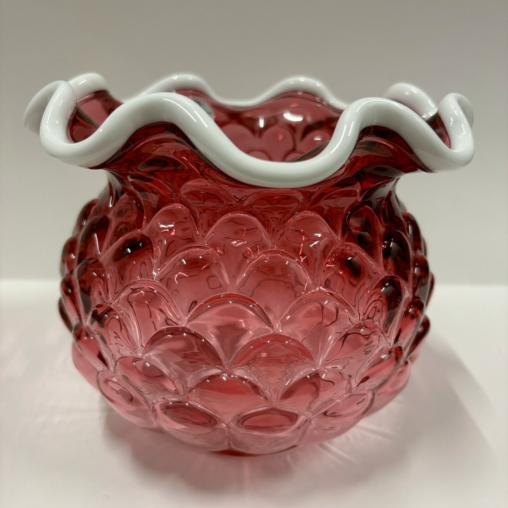 Fenton Art Glass Signed Frank Fenton Cranberry With Milk Crest Jacqueline Vase