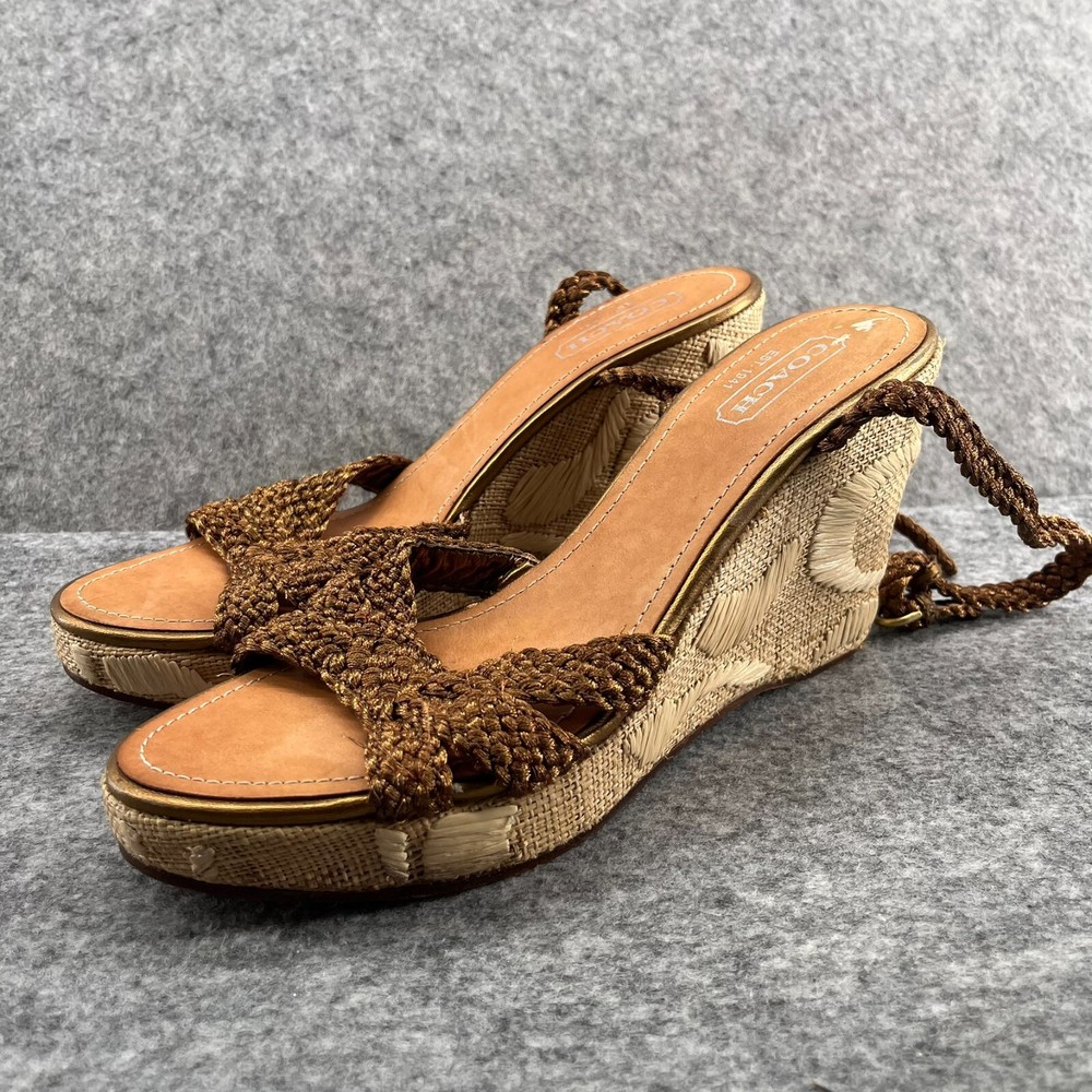 Coach Womens 9B Bronze Braided Platform Wedge Ankle Strap Sandals Arianna Heels