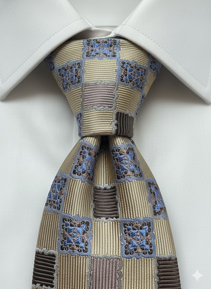 Tom James 100% Silk Tie Yellow Gold Blue Geometric Medallion Check 3.75