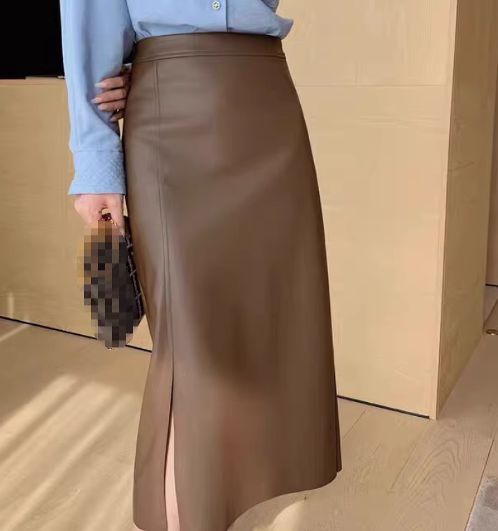 Sheepskin Leather Skirt Women's High Waist Skirt Mid Long Wrap Hip Dresses New