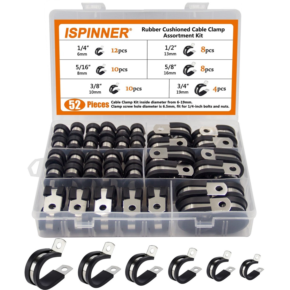 52pcs 304 Stainless Steel Cable Clamps with Rubber Cushion Pipe Wire Holder Assortment Kit