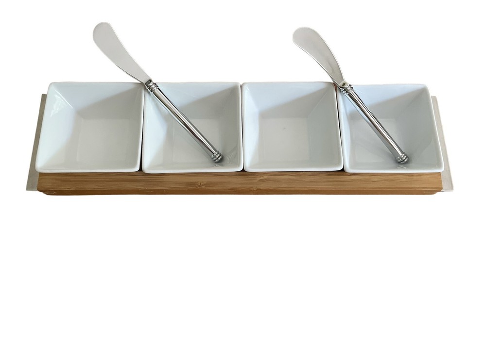4-piece condiment set with 4 serving bowls and one bamboo serving tray, white