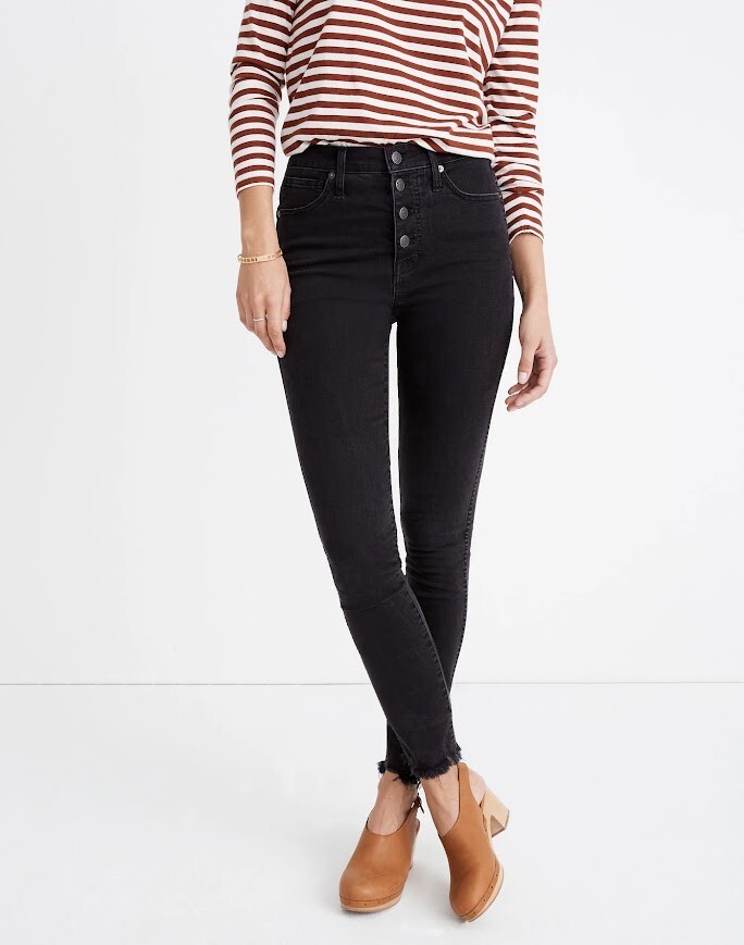 Madewell Womens Black High Rise Skinny Jeans 27P 10 Inch Fringe Button Fly