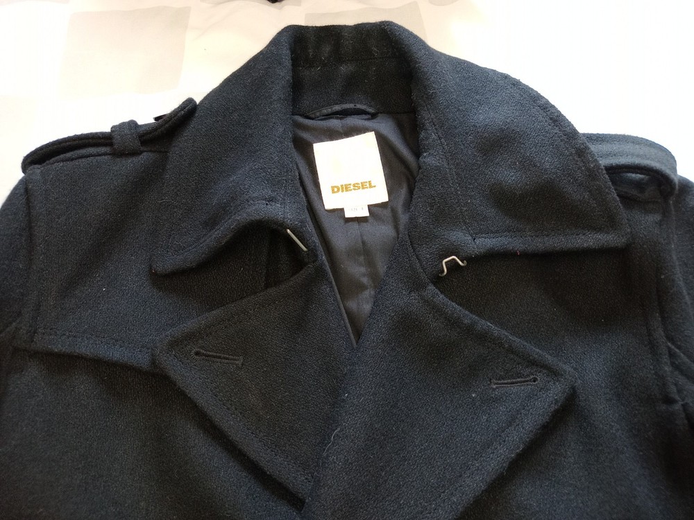 Diesel Mens Wool Blend Pea Coat with Black Leather Trim Military Style Pockets