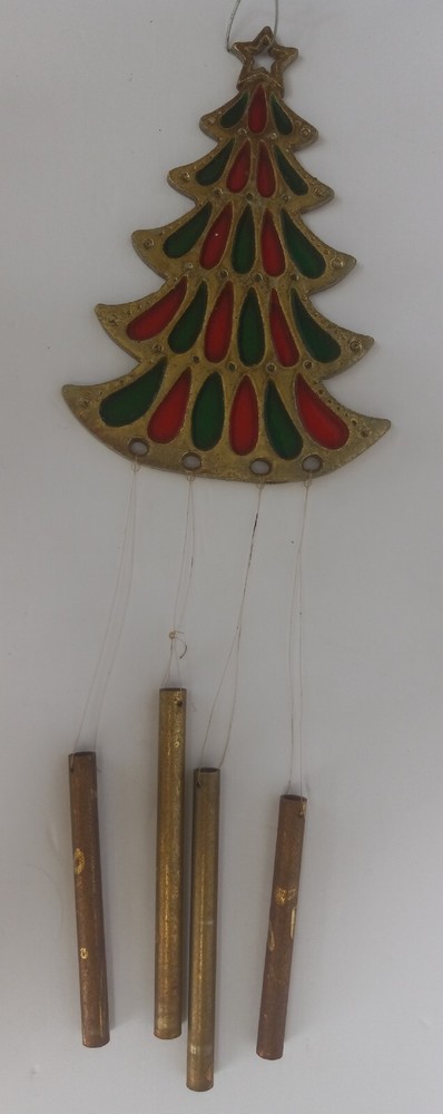 Vintage Japanese Stained Glass Christmas Tree Wind Chime with Cast Metal Details
