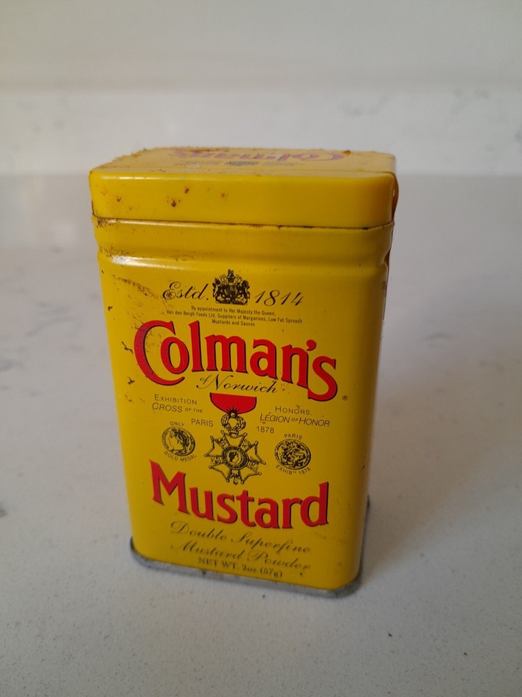 Vintage Yellow Colman's Mustard Powder (Empty) Metal Tin 2 oz Plastic Lid