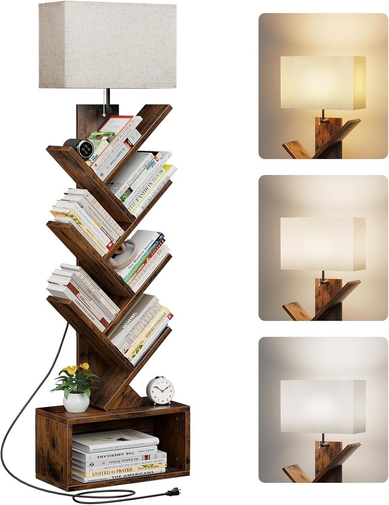 6 Tier Tree Bookshelf with Light, Narrow Bookcase Tower, Tall