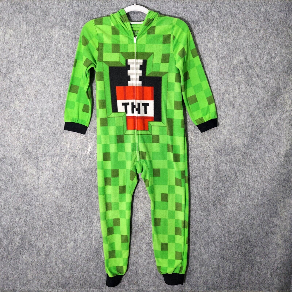 Minecraft One Piece Pajama Kid 8 TNT Fleece Hooded Zip Jumpsuit Graphic Green