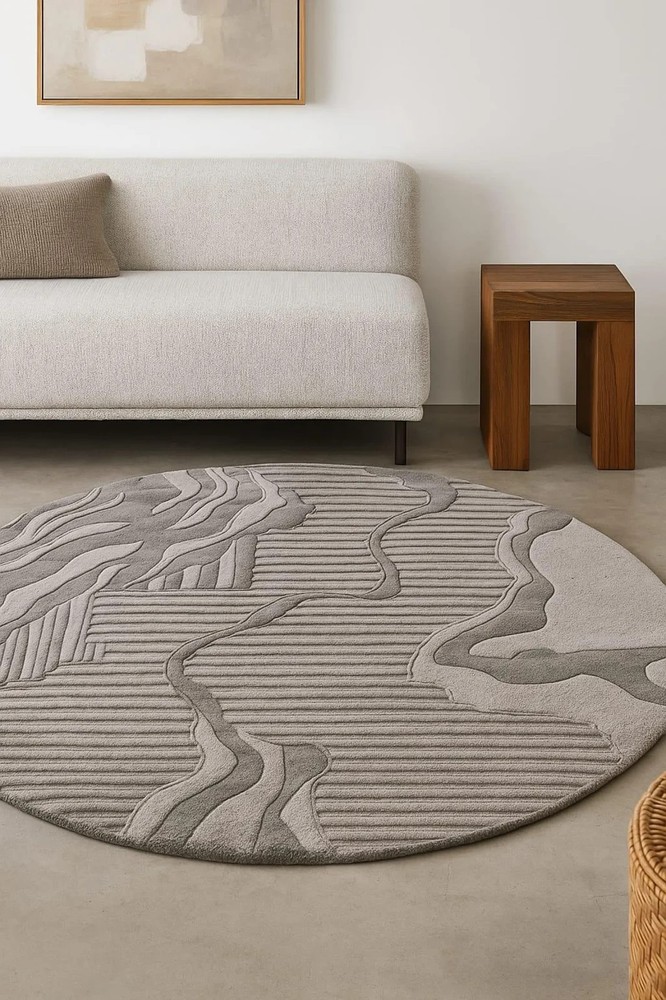 Modern Grey Round Rug: Abstract Geometric Wool, Hand-Tufted