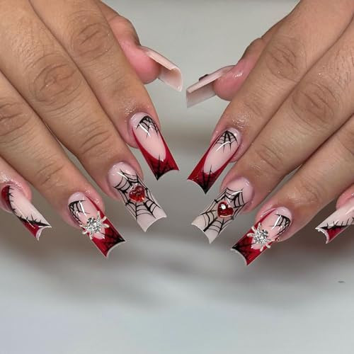 24Pcs Halloween Fake Nails Red French Tip Press-On Nails with Spooky Design