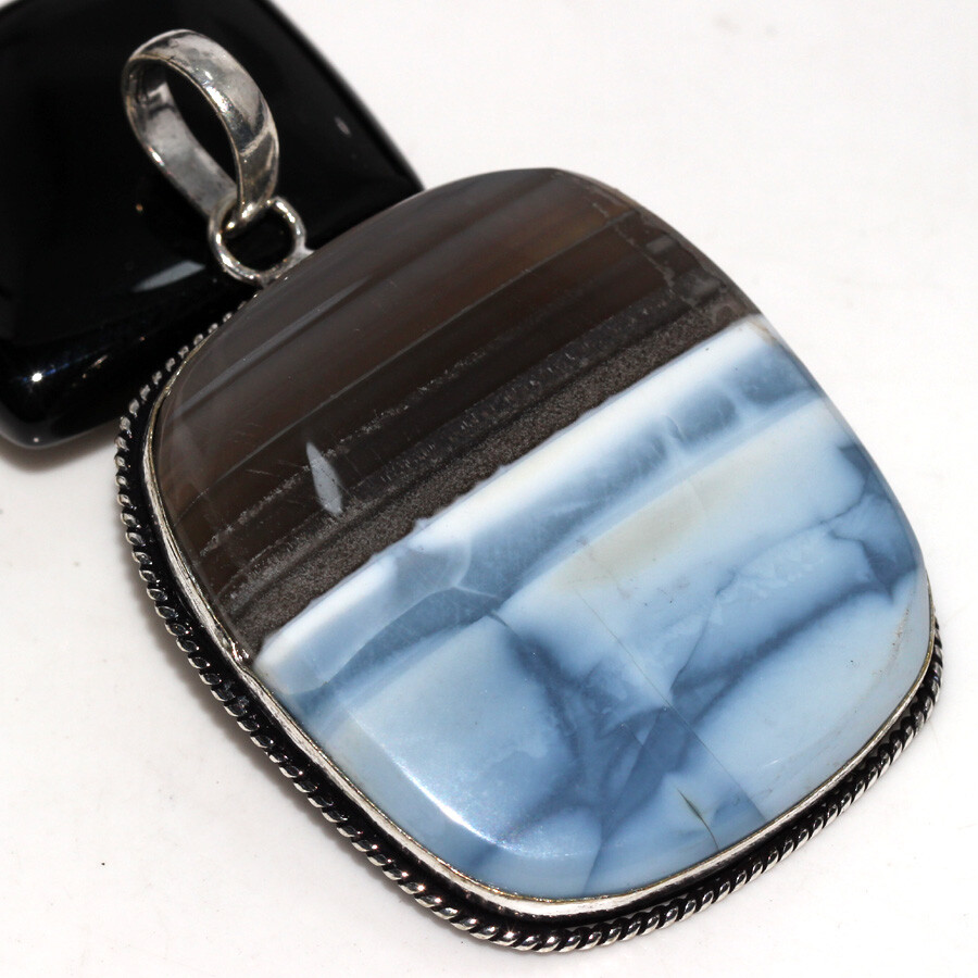 925 Silver Plated Owhyee Blue Opal Ethnic Pendant Jewelry Size 2.3