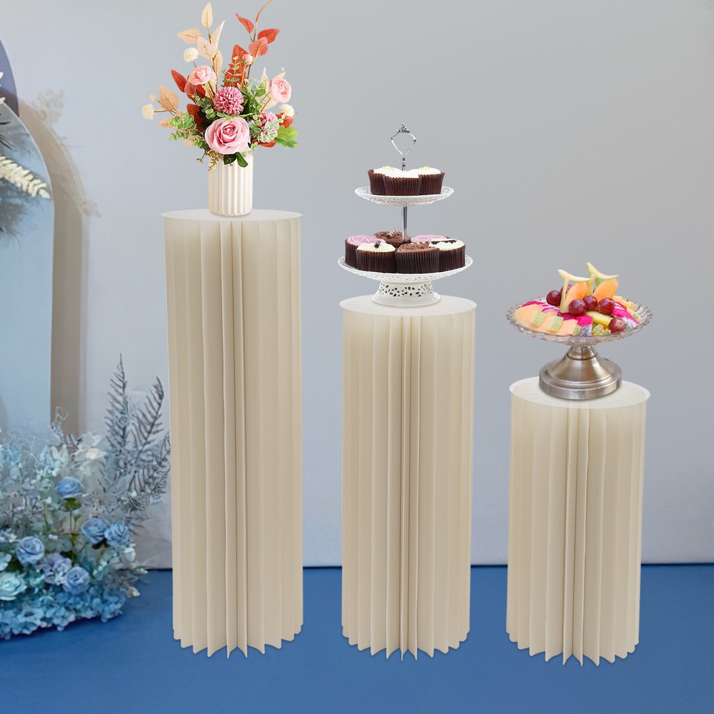 3Pcs Foldable Cardboard Flower Stands Columns Wedding Decor Display W/PVC Plates