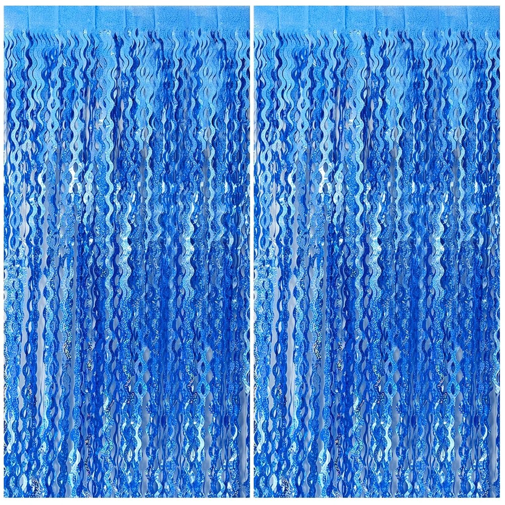Blue Backdrop Wavy Tinsel Foil Fringe Curtains for Parties 2 Pack, Dark