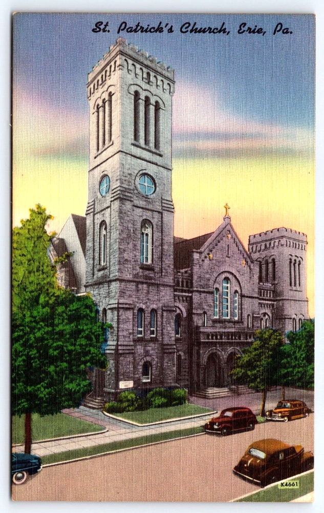 VINTAGE OLD ANTIQUE POSTCARD ST. PATRICK'S CHURCH CAR BUILDING ERIE PENNSYLVANIA