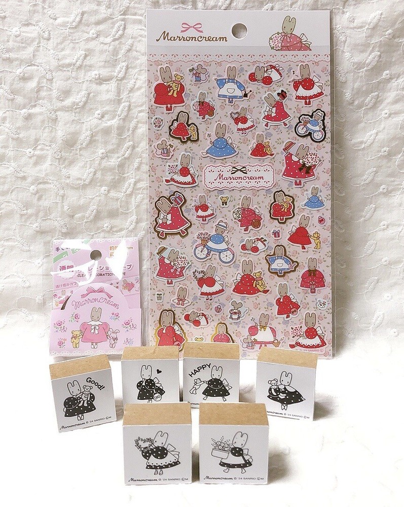 SANRIO MARRONCREAM Kawaii Sticker Tape Rubber Stamp Set Japan Cute