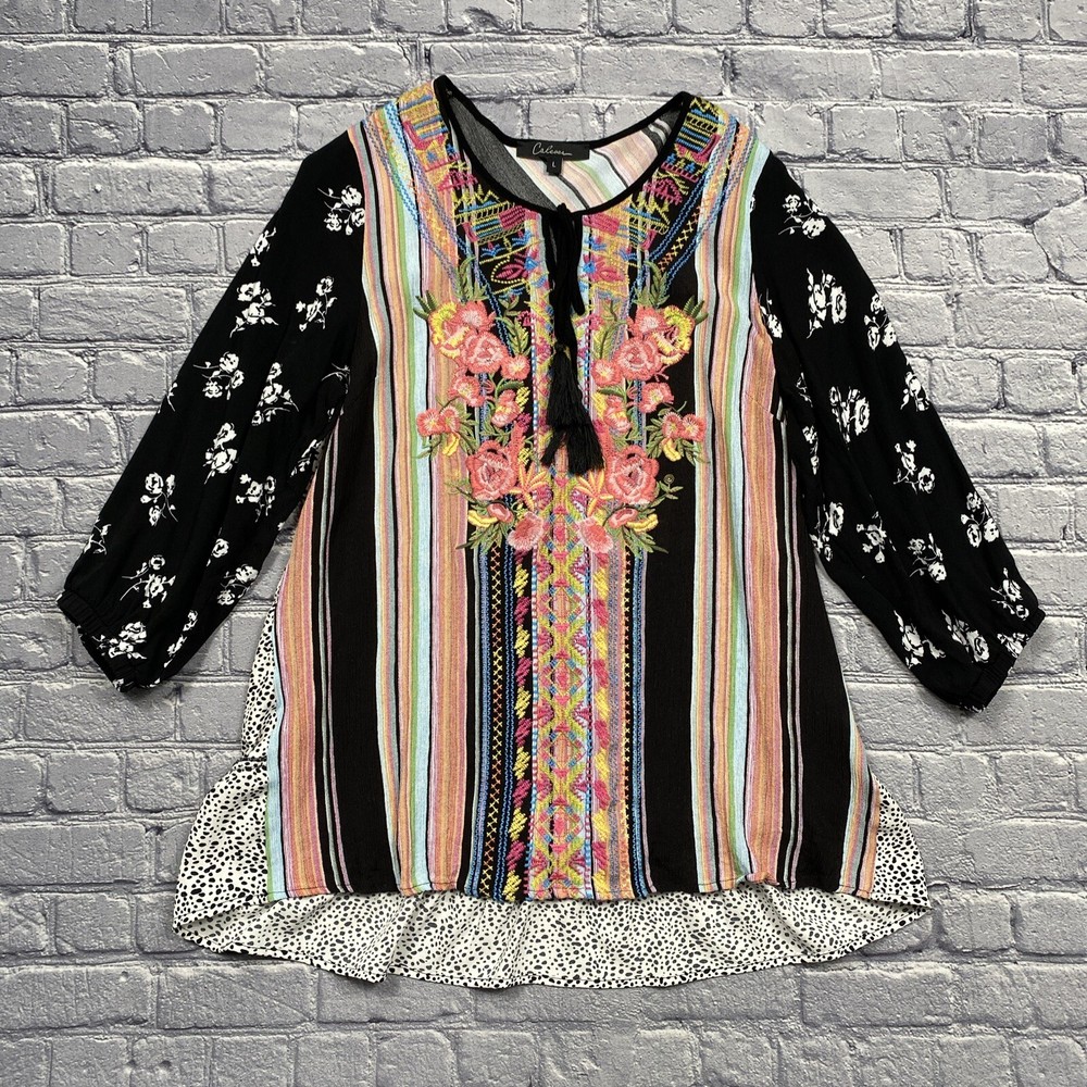 Calessa Tunic Size L Black Rainbow Floral Embroidered Blouse Fairy Whimsigoth