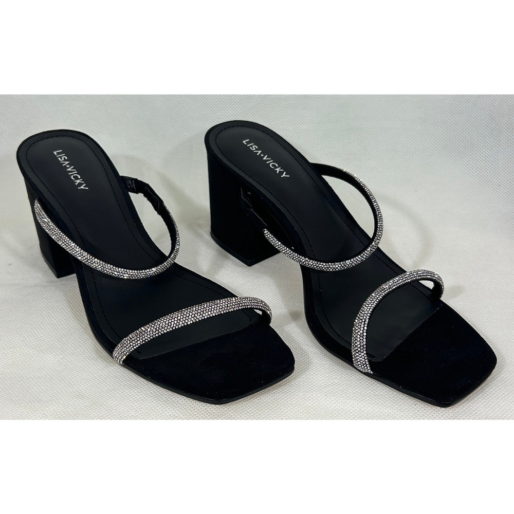 Lisa • Vicky Black Sparkly Strappy Block Heel Sandals 9.5M | NIB