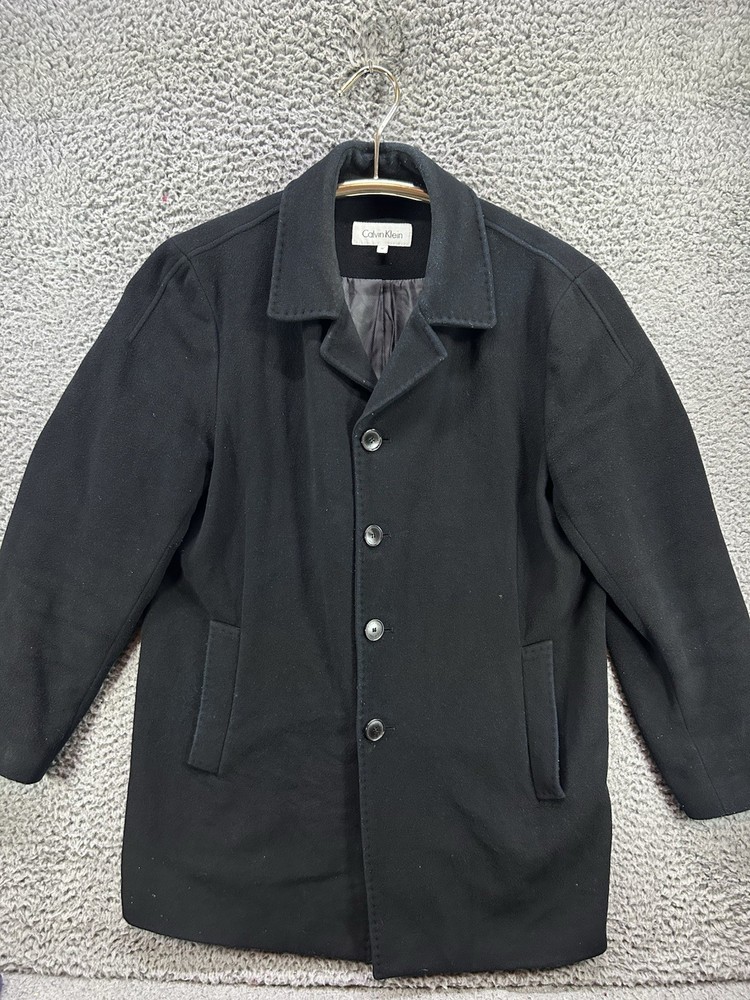 Calvin Klein Black Overcoat Jacket Mens Medium Wool Blend 4-Button Lined Winter