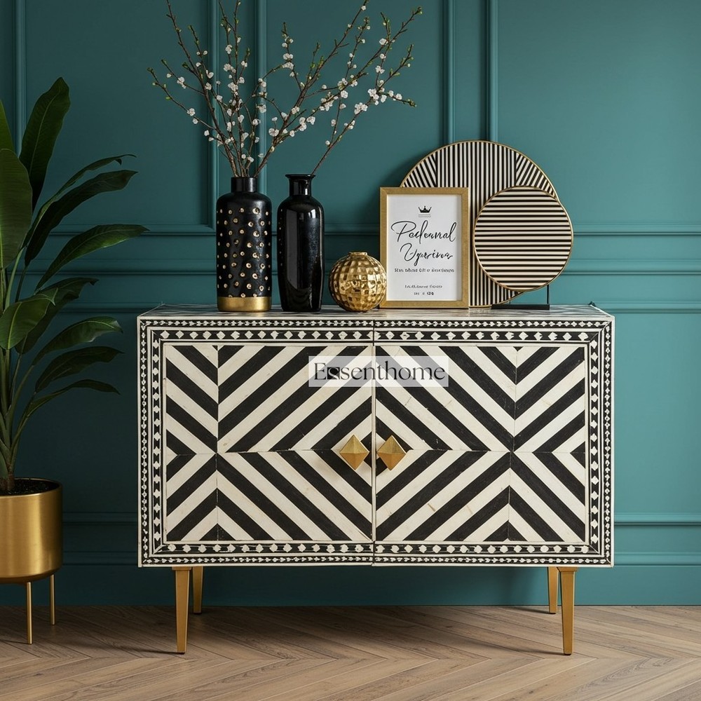 Black White Bone Inlay 2 Door Cabinet Geometric Design with Brass Legs Handmade