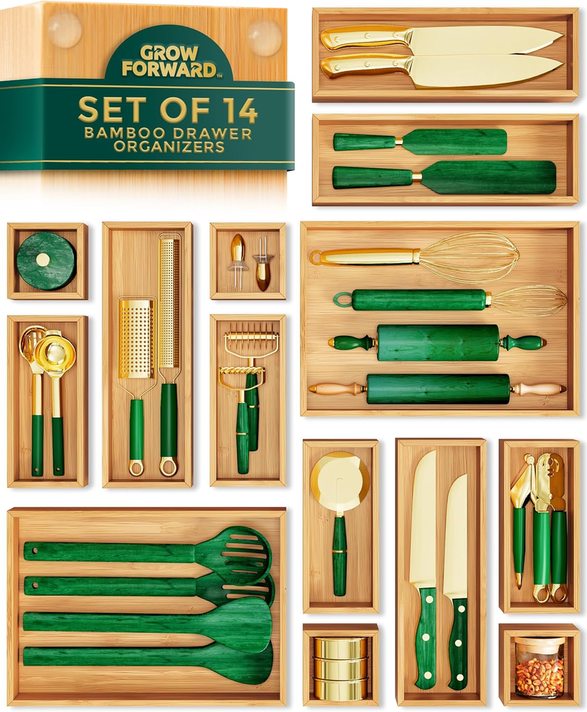 Bamboo Drawer Organizer Set of 14 - Wooden Kitchen Storage Boxes