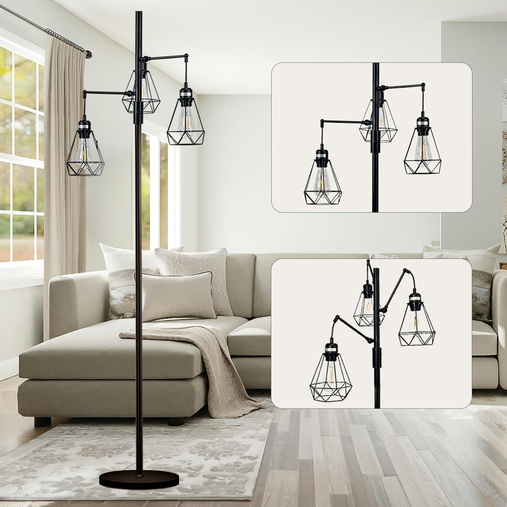 69-Inch Industrial Tree Floor Lamp with Stepless Dimming & Adjustable Cage Shades
