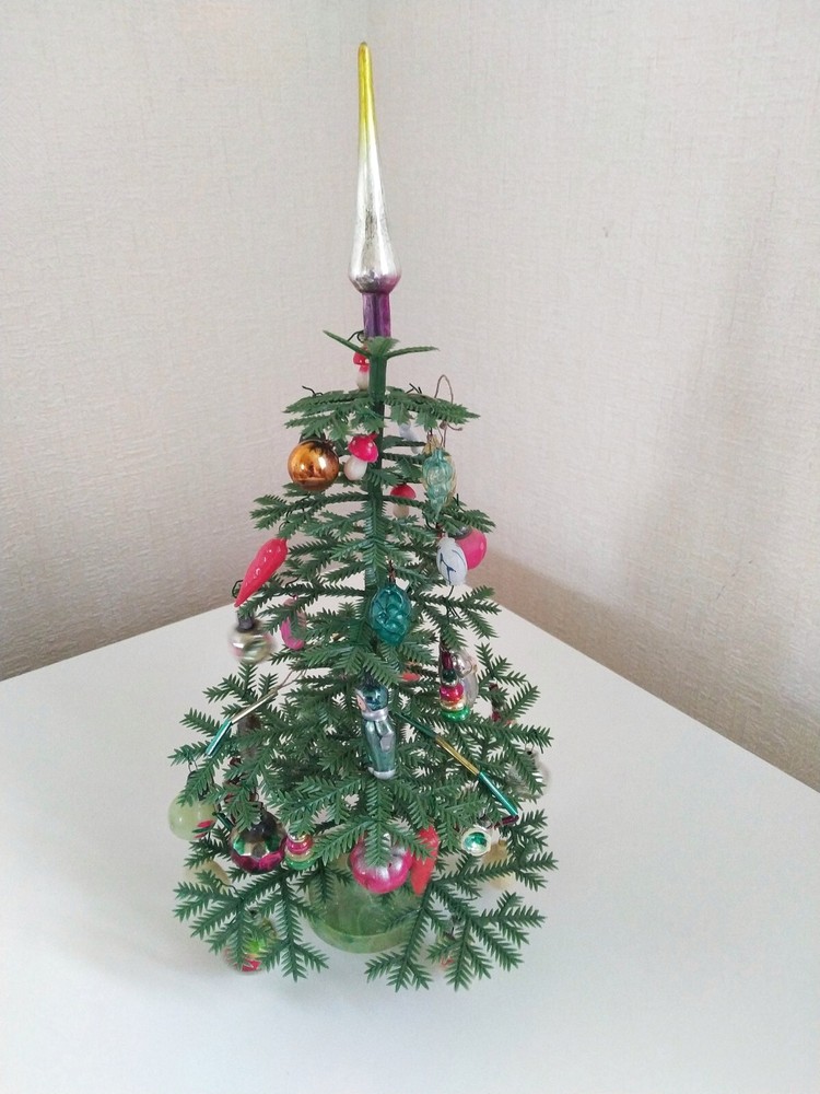 Vintage USSR Little Christmas Tree Soviet Decoration 11.8 Inches with 30 Toys-image