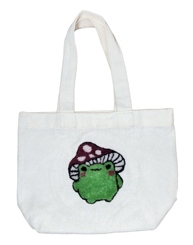 100% Cashmere Embroidery (HAND MADE) Canvas Mini Tote Bag - MUSHROOM FROG