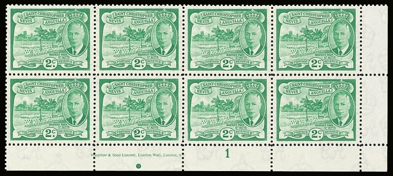 1952 St Kitts-Nevis KGVI 2c green Imprint Plate Block MNH SG 95