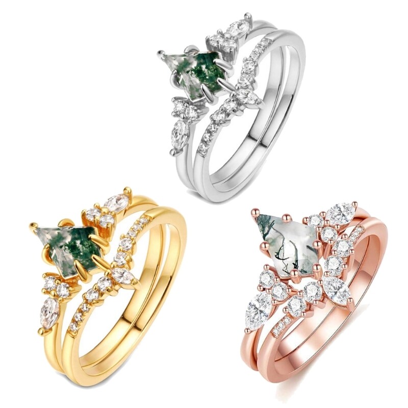 Exquisite Zirconia Rings Set Moss and Green Water Grass Embelished Rings