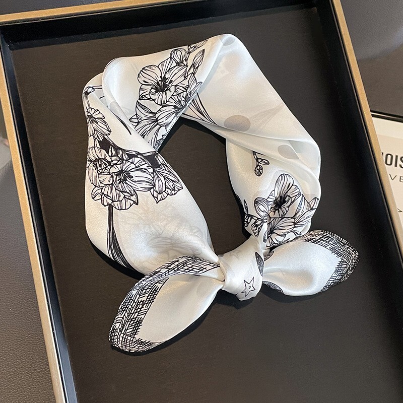 100% Silk 21-Inch Square Scarf for Women Lightweight Floral Wrap in White and Black