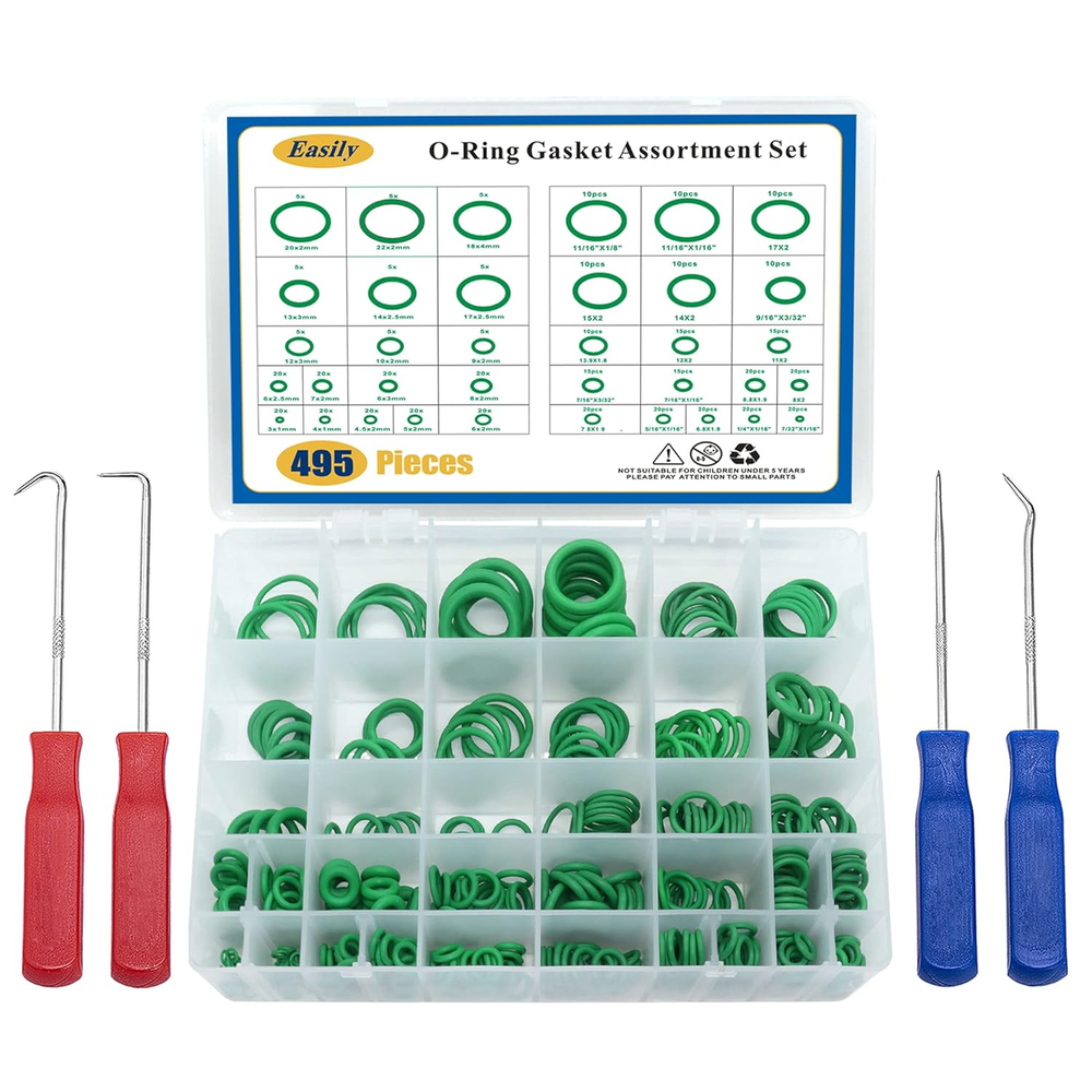 495 PCS SAE Metric & Inch O Ring Kit with 4 PCS O Ring Pick & Installation Remo