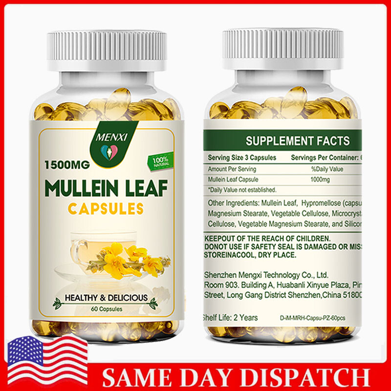 60Pcs Mullein Leaf Capsules | 1500mg | 30 Servings | Support Lung Cleanse