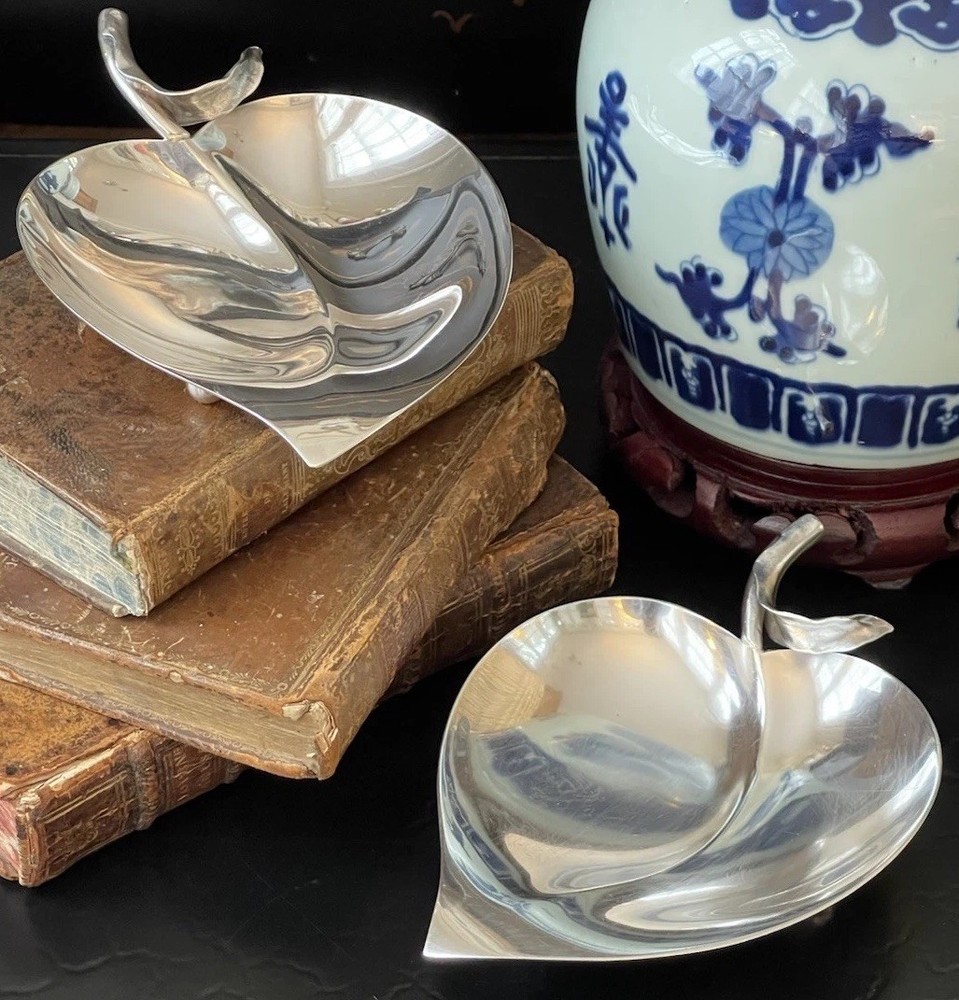 Tiffany & Co Large Rare Sterling Silver Peach Leaf Dish Pair 6” American #25053