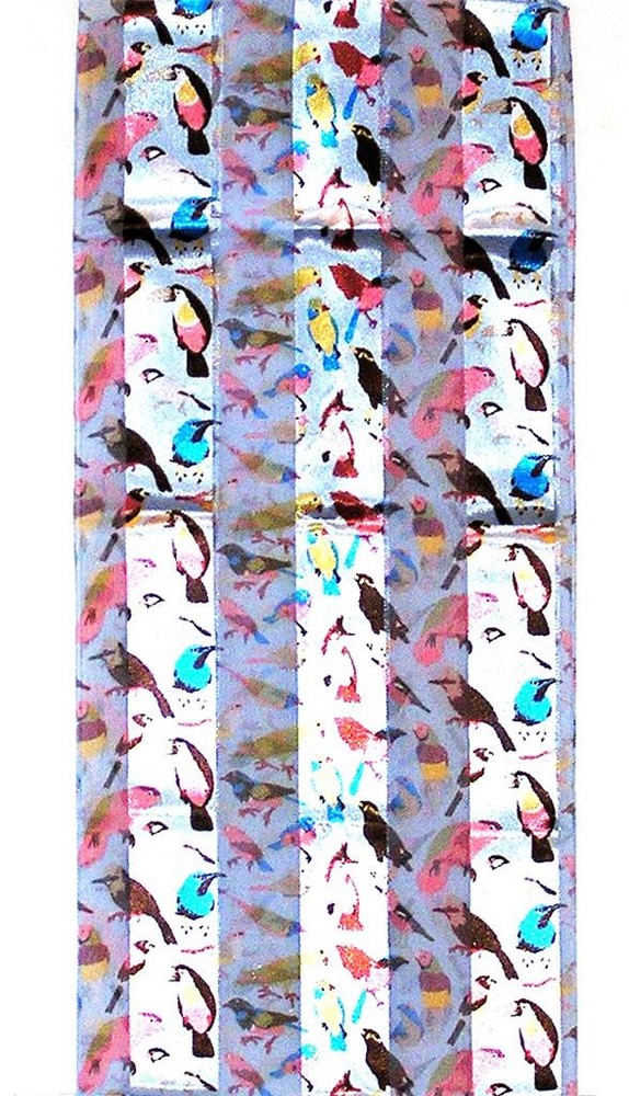Long Multi-Color Scarf Featuring Parrots and Finches on Pale Blue Background